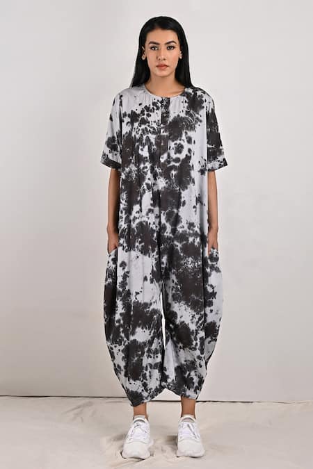 Bohame_Black Crepe Tie And Dye Round Bella & Print Jumpsuit_Online_at_Aza_Fashions