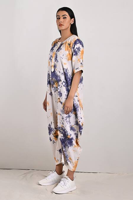 Bohame_Beige Crepe Tie And Dye Round Bella & Print Jumpsuit_Online_at_Aza_Fashions