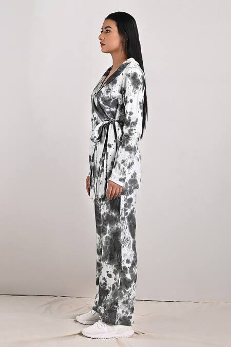 Bohame_Grey Tencel Tie And Dye V Neck Emilia & Print Pant Set _Online_at_Aza_Fashions