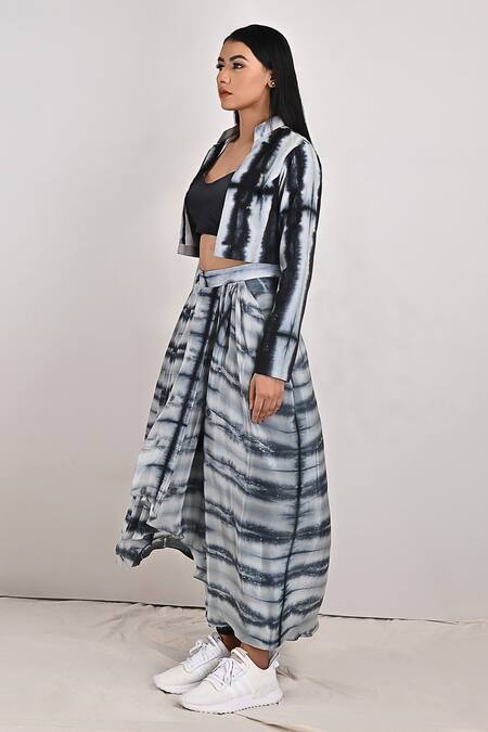 Bohame Grey Crepe Tie And Dye Jacket Open Elsie & Draped Pant Set Online at Aza Fashions Bohame_Grey Crepe Tie And Dye Jacket Open Elsie & Draped Pant Set_Online_at_Aza_Fashions