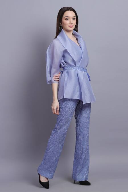 Asira_Blue Georgette Embroidered Floral Motifs V Neck Renee Pant Set _Online_at_Aza_Fashions