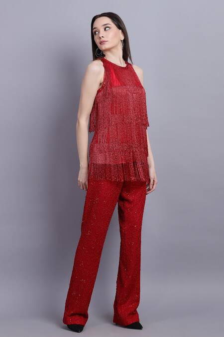 Asira_Red Georgette Tassel Round Rouge Top And Pant Set_Online_at_Aza_Fashions