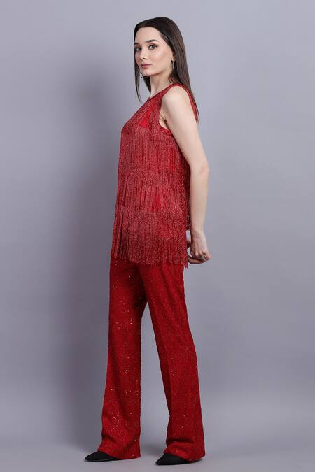 Buy_Asira_Red Georgette Tassel Round Rouge Top And Pant Set_Online_at_Aza_Fashions