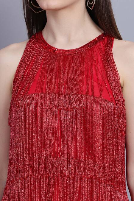 Asira_Red Georgette Tassel Round Rouge Top And Pant Set_at_Aza_Fashions