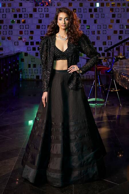 Silk Brocade Crow Black Lehenga Skirt – Heritage India Fashions