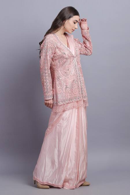Asira_Pink Organza Embroidered Floral Motifs Perla Satin Saree With Jacket _Online_at_Aza_Fashions