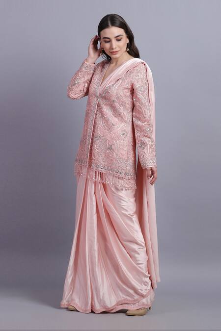 Buy_Asira_Pink Organza Embroidered Floral Motifs Perla Satin Saree With Jacket _Online_at_Aza_Fashions