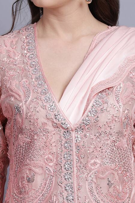 Asira_Pink Organza Embroidered Floral Motifs Perla Satin Saree With Jacket _at_Aza_Fashions