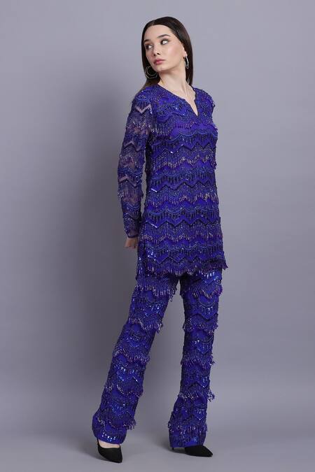 Asira_Blue Net Embroidered Crystal Notched Dansante Top And Pant Set _Online_at_Aza_Fashions