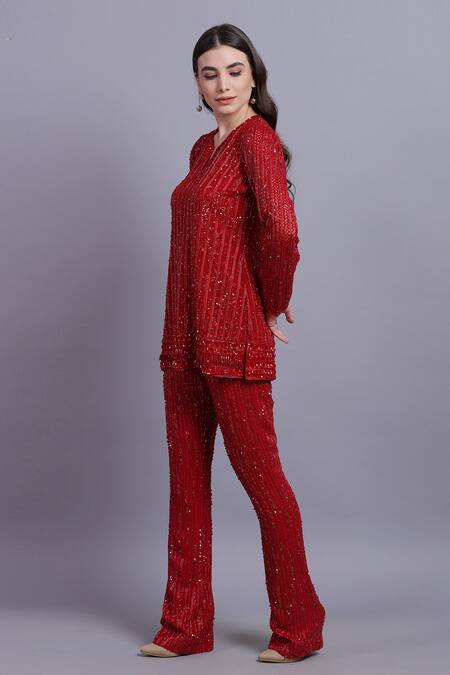Buy_Asira_Red Georgette Embroidered Metallic Aero Embellished Top And Pant Set _Online_at_Aza_Fashions