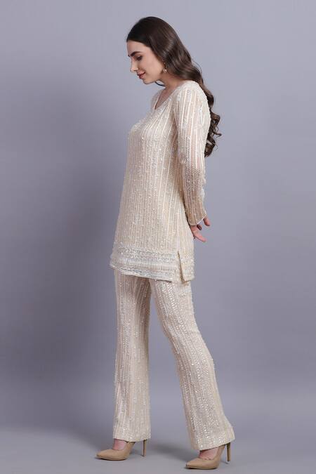 Asira_White Georgette Embroidered Metallic Aero Embellished Top And Pant Set _Online_at_Aza_Fashions
