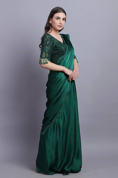 Asira_Green Net, Satin Floral, Sequin Motifs V Neck Sarah Pre-draped Saree And Blouse_Online_at_Aza_Fashions