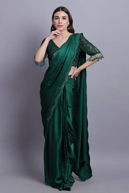 Shop_Asira_Green Net, Satin Floral, Sequin Motifs V Neck Sarah Pre-draped Saree And Blouse_Online_at_Aza_Fashions