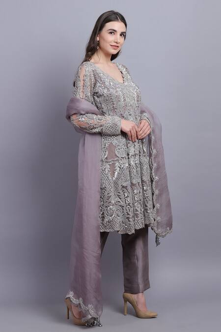 Asira_Grey Net Embroidered Floral Motifs Round Sarah Anarkali Set _Online_at_Aza_Fashions