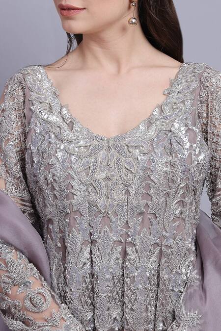 Shop_Asira_Grey Net Embroidered Floral Motifs Round Sarah Anarkali Set _Online_at_Aza_Fashions