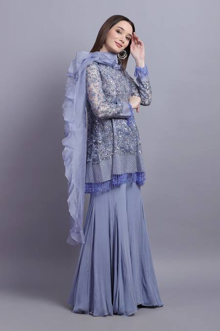 Asira_Blue Organza, Net, Georgette Floral, Sequin Fleur Embroidered Kurta Sharara Set_Online_at_Aza_Fashions