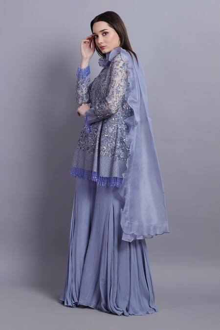 Buy_Asira_Blue Organza, Net, Georgette Floral, Sequin Fleur Embroidered Kurta Sharara Set_Online_at_Aza_Fashions