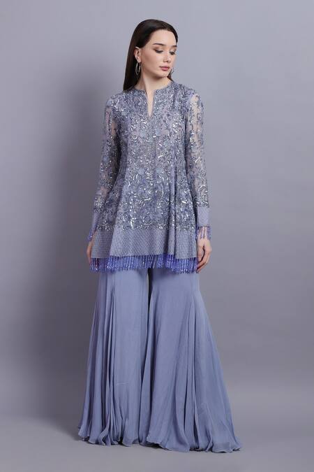 Shop_Asira_Blue Organza, Net, Georgette Floral, Sequin Fleur Embroidered Kurta Sharara Set_Online_at_Aza_Fashions