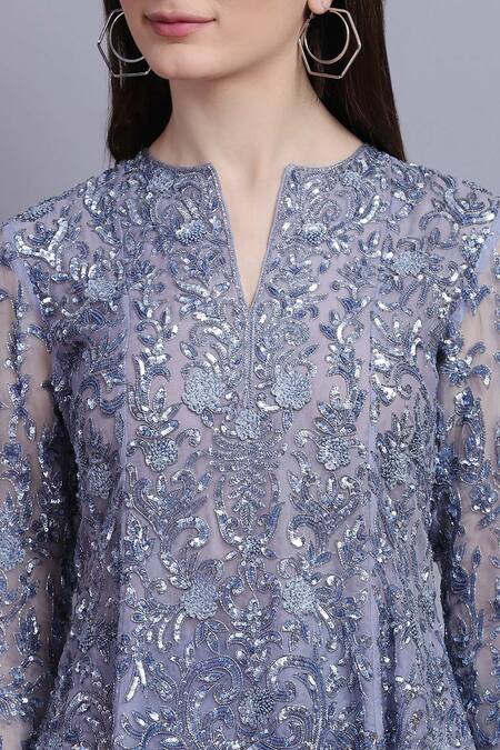 Asira_Blue Organza, Net, Georgette Floral, Sequin Fleur Embroidered Kurta Sharara Set_at_Aza_Fashions