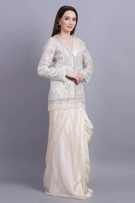 Asira_White Organza Embroidered Floral Perla Pre-draped Saree With Jacket _Online_at_Aza_Fashions