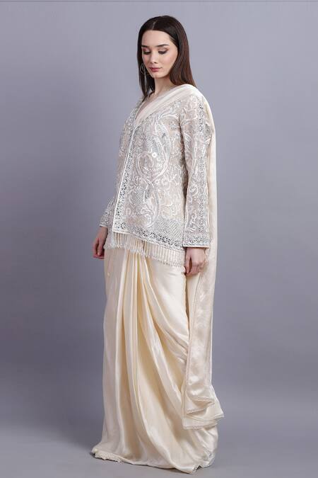 Buy_Asira_White Organza Embroidered Floral Perla Pre-draped Saree With Jacket _Online_at_Aza_Fashions