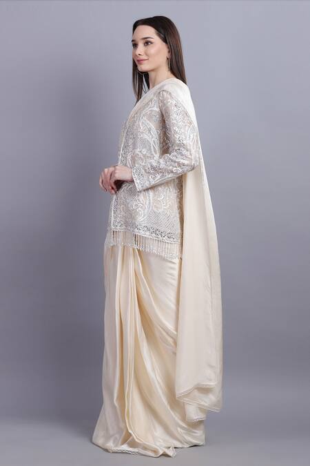 Shop_Asira_White Organza Embroidered Floral Perla Pre-draped Saree With Jacket _Online_at_Aza_Fashions