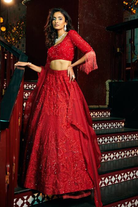 Asira_Red Organza, Net Floral Motifs Round Ophelia Embellished Lehenga Set_Online_at_Aza_Fashions