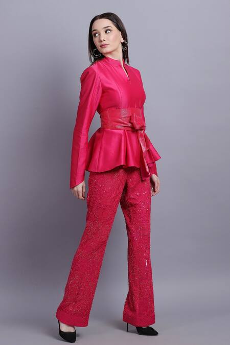 Asira_Pink Chanderi Embroidered Floral Motifs Euphoria Top And Pant Set _Online_at_Aza_Fashions