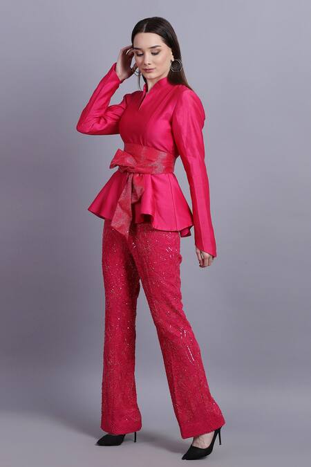 Buy_Asira_Pink Chanderi Embroidered Floral Motifs Euphoria Top And Pant Set _Online_at_Aza_Fashions
