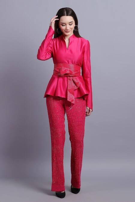 Shop_Asira_Pink Chanderi Embroidered Floral Motifs Euphoria Top And Pant Set _Online_at_Aza_Fashions