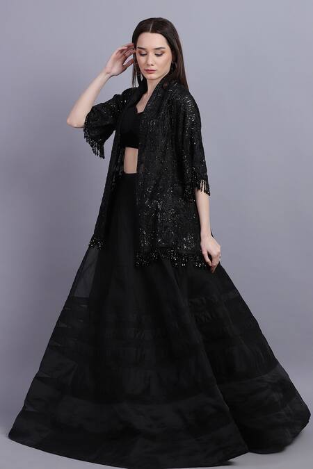 Buy_Asira_Black Organza, Velvet, Georgette Floral, Sequin Liana Embroidered And Lehenga Set_Online_at_Aza_Fashions