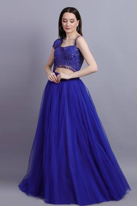 Buy_Asira_Blue Organza, Net Floral, Sequin Motifs Elise Lehenga And Embroidered Blouse Set_Online_at_Aza_Fashions