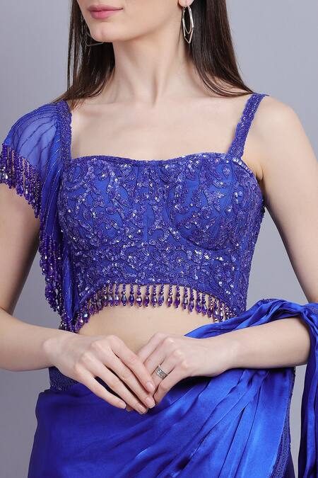 Asira_Blue Net Embroidered Floral Corsette Pre-draped Saree And Blouse _at_Aza_Fashions