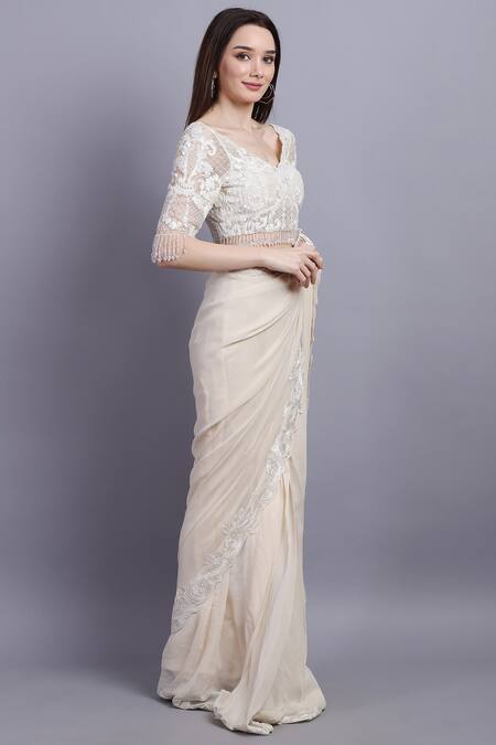 Asira_White Georgette Embroidered Floral Daria Pre-draped Saree And Blouse _Online_at_Aza_Fashions