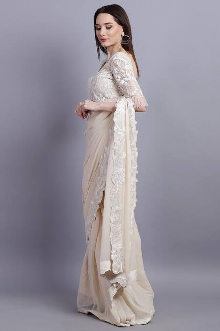 Buy_Asira_White Georgette Embroidered Floral Daria Pre-draped Saree And Blouse _Online_at_Aza_Fashions