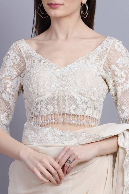 Shop_Asira_White Georgette Embroidered Floral Daria Pre-draped Saree And Blouse _Online_at_Aza_Fashions