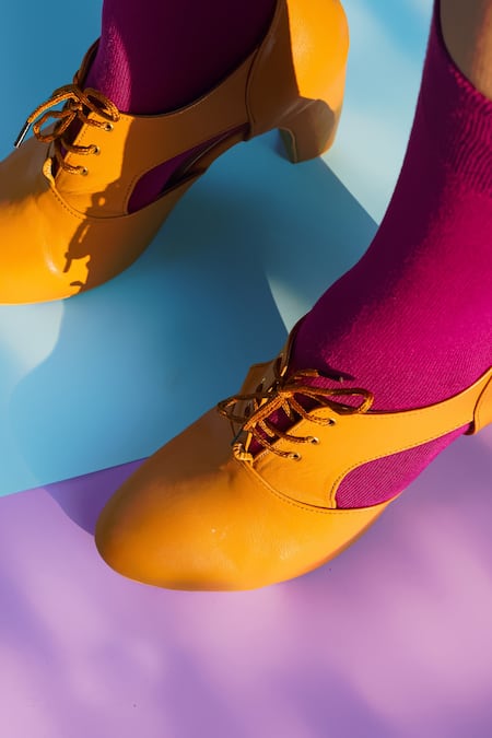 Shop Tiesta Yellow Cut Work Iza Block Hell Shoes at Aza Fashions Shop_Tiesta_Yellow Cut Work Iza Block Hell Shoes _at_Aza_Fashions