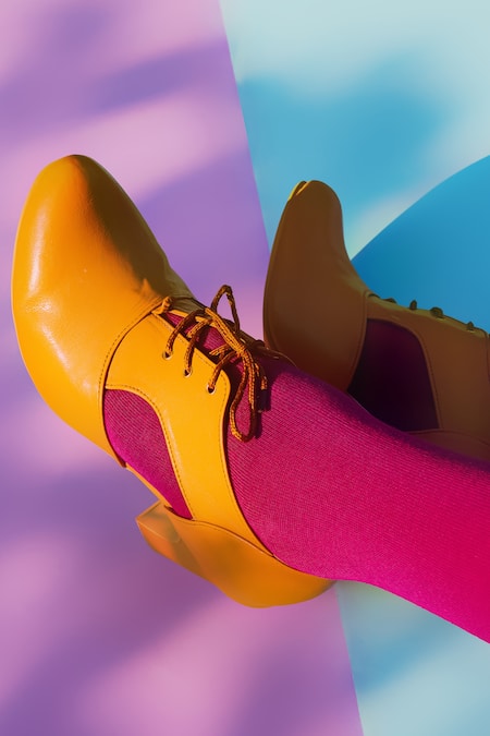 Buy Tiesta Yellow Cut Work Iza Block Hell Shoes at Aza Fashions Buy_Tiesta_Yellow Cut Work Iza Block Hell Shoes _at_Aza_Fashions