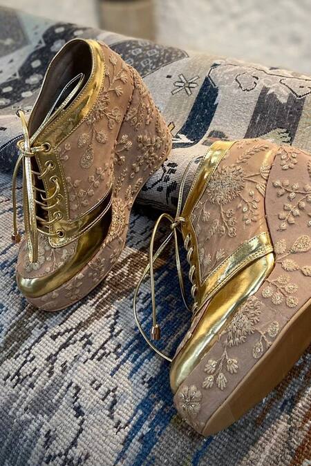 Shop_Tiesta_Gold Lucknowi Embroidered Sneakers _at_Aza_Fashions