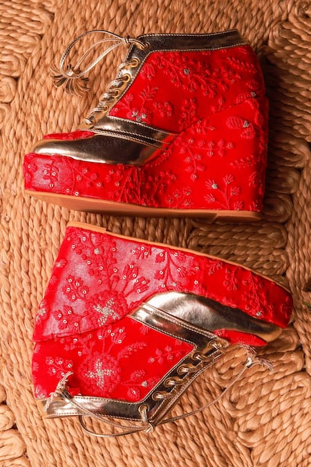 Shop Tiesta Red Lucknowi Floral Embroidered Sneakers at Aza Fashions Shop_Tiesta_Red Lucknowi Floral Embroidered Sneakers _at_Aza_Fashions