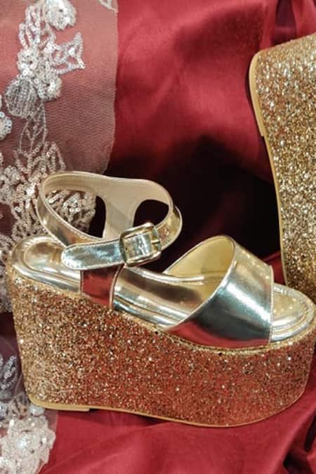 Tiesta_Gold Glitter Shimmer Suede Wedges _Online_at_Aza_Fashions