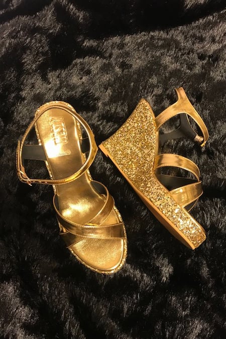 Tiesta_Gold Glitter Cross Strap Wedges _Online_at_Aza_Fashions