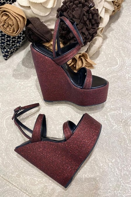 Shop Tiesta Red Glitter Shimmer Suede Wedges at Aza Fashions Shop_Tiesta_Red Glitter Shimmer Suede Wedges _at_Aza_Fashions