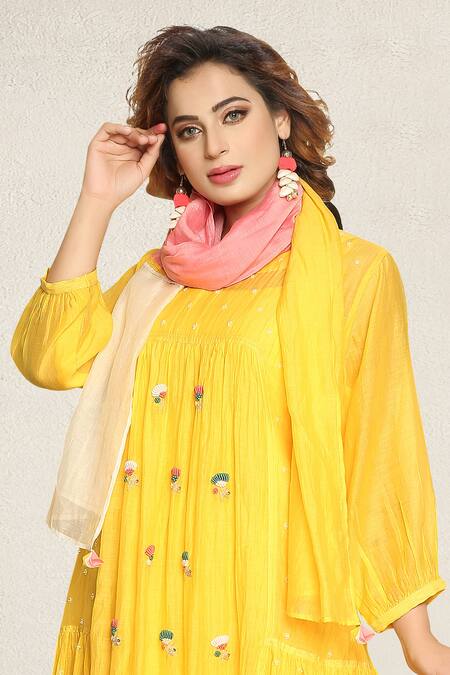 Shop Falguni.Foram Yellow Inner Slip Zari Butti Mal, Kurta Silk, Scarf Set Online at Aza Fashions Shop_Falguni.Foram_Yellow Inner Slip Zari Butti Mal, Kurta Silk, Scarf Set _Online_at_Aza_Fashions