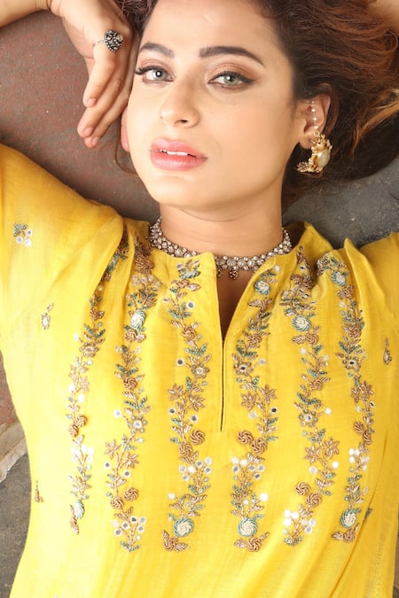 Shop_Falguni.Foram_Yellow Inner Slip Mal, Kurta Chanderi Silk, Sharara Viscose And Dupatta Set _Online_at_Aza_Fashions
