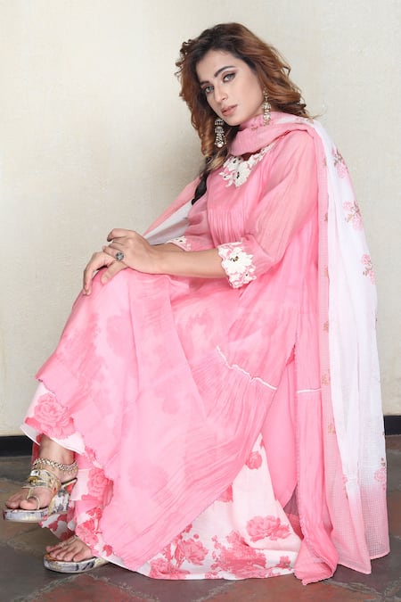 Falguni.Foram_Pink Inner Slip , Kurta Chanderi Silk, Sharara And Dupatta Kota Set _Online_at_Aza_Fashions