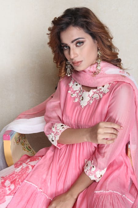 Buy_Falguni.Foram_Pink Inner Slip , Kurta Chanderi Silk, Sharara And Dupatta Kota Set _Online_at_Aza_Fashions