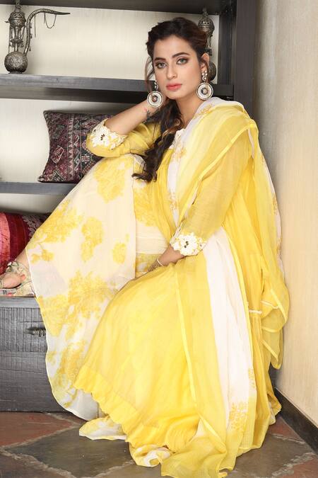 Falguni.Foram_Yellow Inner Slip , Kurta Chanderi Silk, Sharara And Dupatta Kota Set _Online_at_Aza_Fashions