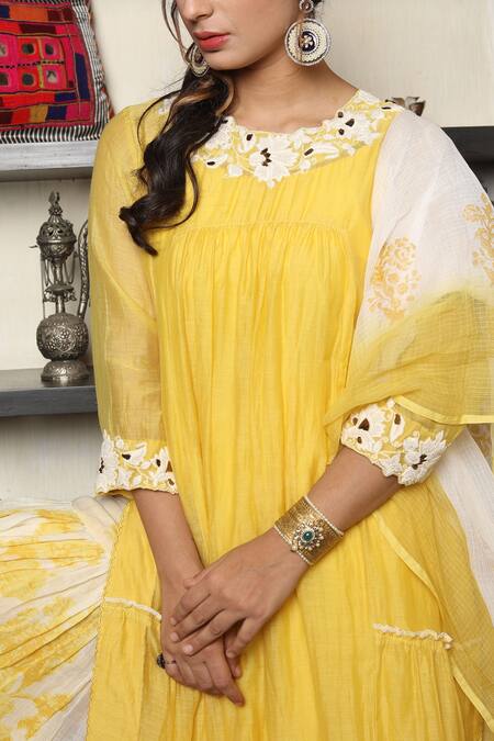 Shop_Falguni.Foram_Yellow Inner Slip , Kurta Chanderi Silk, Sharara And Dupatta Kota Set _Online_at_Aza_Fashions