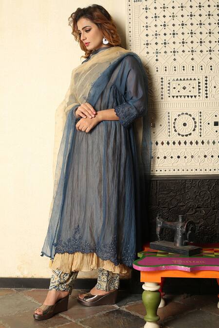 Buy_Falguni.Foram_Blue Inner Slip Crush Silk, Kurta Silk, Pant Mal And Set _Online_at_Aza_Fashions